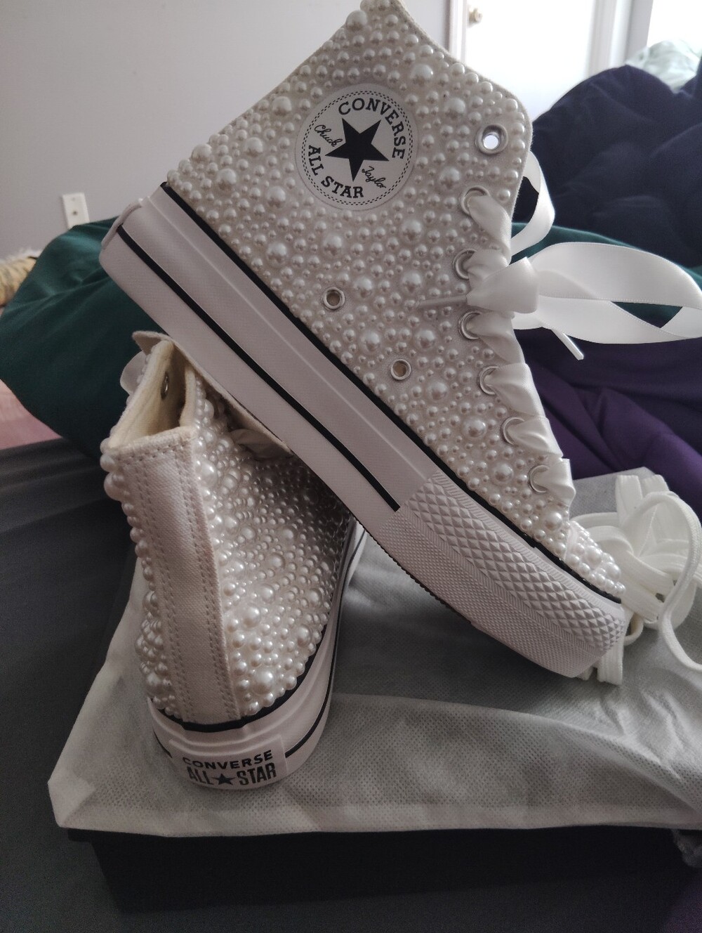 Brand New Converse White Pearl-Embellished High Top Sneakers